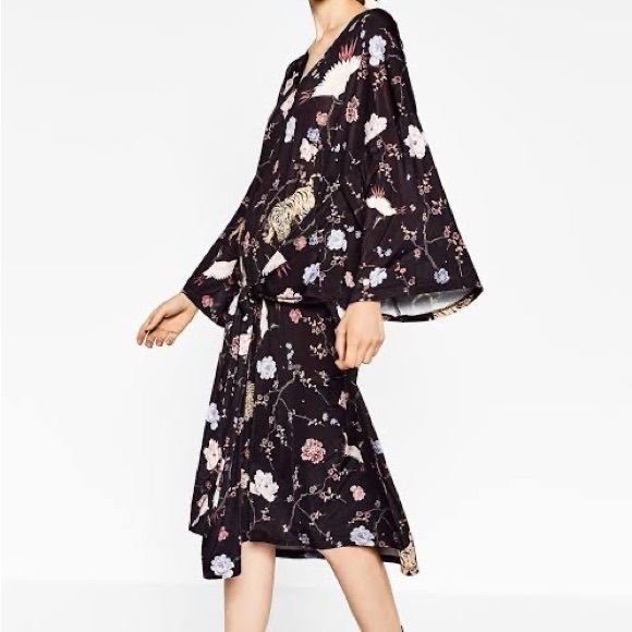 Zara Dresses & Skirts - Zara | Kimono Sleeve Oriental Print Self-Tie Kaftan Dress | Approx Size 16/ US S